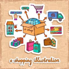 an e - shopping illustration with the words e - shop and various items around it