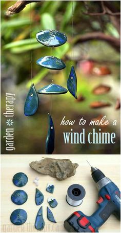 a wind chime made out of blue glass hanging from a tree branch with the words how to make a wind chime written on it