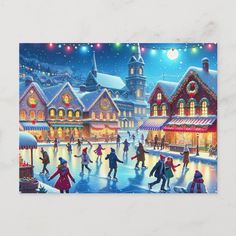 a painting of people skating on an ice rink in front of a lit - up christmas village