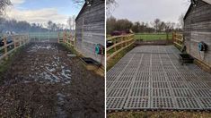 there are two pictures side by side one shows the inside of a barn and the outside of a building