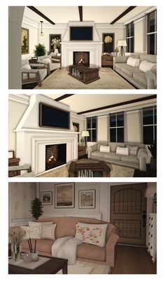 three different views of a living room with couches and fireplace