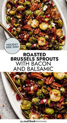 roasted brussel sprouts with bacon and balsamic on a white platter