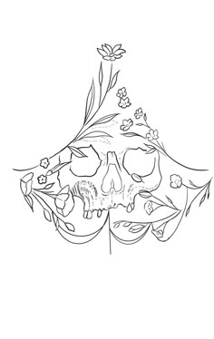 a drawing of a skull with flowers on it