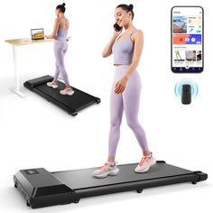 a woman standing on a treadmill while talking on her cell phone