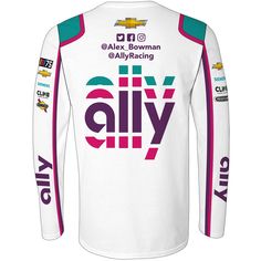 the back of a white long sleeved shirt with colorful lettering and numbers on it