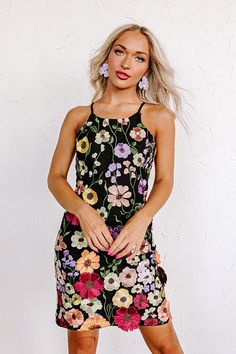 black mini dress, embroidered, flowers Rush Week Outfits, Kentucky Derby Attire, Derby Attire, Tulle Material, Embroidered Mini Dress, Floral Applique, Women Clothing Boutique, White Mini Dress, Beautiful Dress