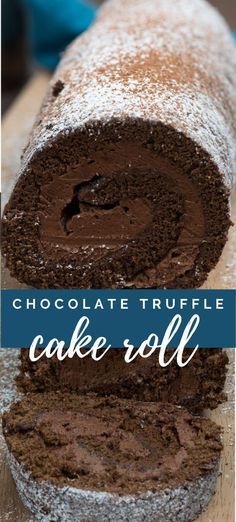 chocolate truffle cake roll with text overlay