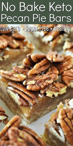 no bake keto pecan pie bars with text overlay