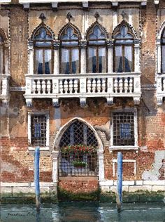 a watercolor painting of a building with windows and balconies on the front