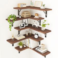 three wooden shelves with books, plants and pictures on them are arranged in the shape of hexagons