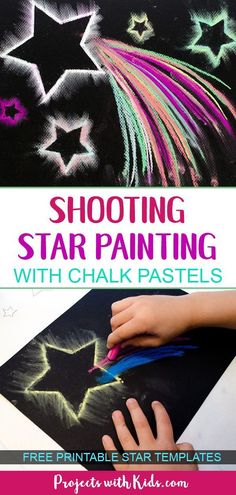 a child is painting with chalk pastels on a black background and text that reads shooting star painting with chalk pastels