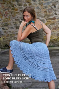 "❤ 30% OFF when you buy 3 or more patterns, the code BUY3GET30OFF !! Crochet pattern \"Boho Blues Skirt\" - Size S - M - L - XL - XXL - XXXL (English  version). TESTED.  You receive 3 files with the pattern (For sizes S- XL, for sizes XXL- XXXL, and one file is for DROPS Belle yarn only). CROCHET LEVEL: easy. FORMAT: PDF, 20-21 pages, 2.63 MB (mobile devices friendly). Language - English.  The pattern is written  using USA crochet terms. Contains written pattern of skirt with pictures, Row by Ro Skirt Pattern Free, Crochet Skirt Pattern, Chevron Crochet, Midi Skirt Pattern, Knee Length Skirts, Crochet Skirts, Pattern Dress Women, Vacation Vibes, Row By Row