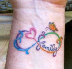 a wrist tattoo with the word family painted on it and a butterfly sitting on top