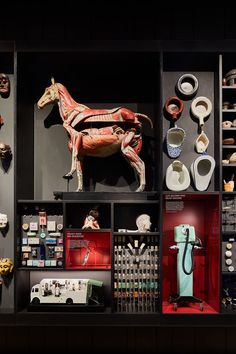 an assortment of pottery items on display in a room with black walls and wooden shelves