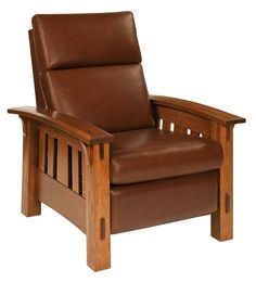 a brown leather recliner chair with wooden legs