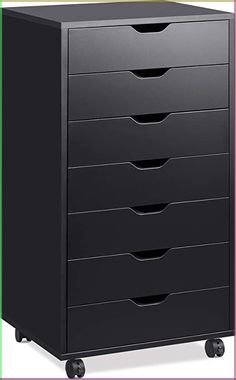 a black filing cabinet with five drawers on wheels