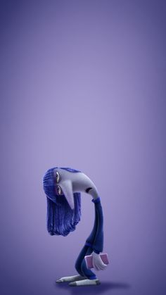 a blue and white bird with long purple hair on its head standing in front of a purple background