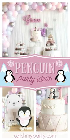 a penguin themed party with balloons and decorations