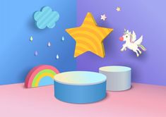 there is a unicorn flying over the top of a rainbow colored room with stars and clouds