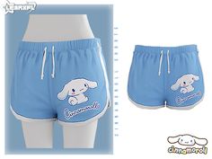 the shorts are blue and white with an image of a dog on it's side