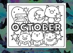 the october coloring page with an image of cats and bats