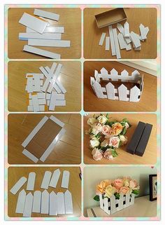 several pictures of cut out paper houses and flowers