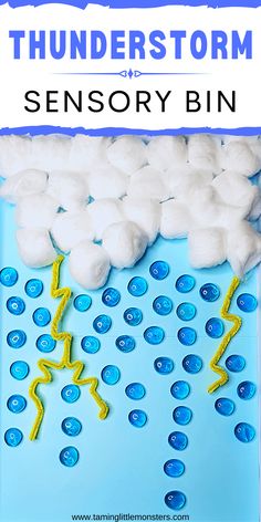 a blue plate with white marshmallows on it and the words, thunderstorm sensory bin