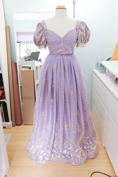 How To Dress Like Rapunzel, Pastel Purple Dress Aesthetic, Tangled Inspired Wedding Dress, Rapunzel Dress Inspired, Rapunzel Outfit Ideas, Rapunzel Inspired Dress, 1820s Dress, Angela Clayton