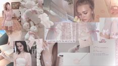 a collage of photos with pink and white items in the background, including teddy bears