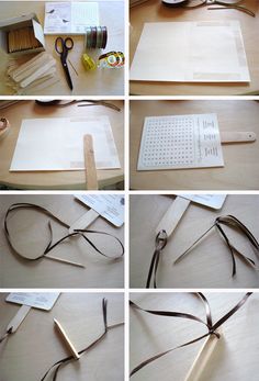 several pictures of scissors, tape and other items on a table with the same design