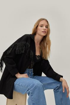 Suede Diamante Tassel Jacket | Nasty Gal Cowboy Tassel Jacket, Studded Suede Jacket, Suede Tassel Jacket, Spring Suede Fringe Outerwear, Mom Jeans Style, Chic Long-sleeve Leather Jacket With Fringe, Cowgirl Outfit, Disco Cowgirl