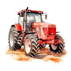 a red tractor is driving through the dirt