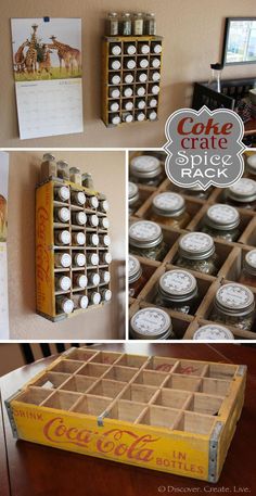 an old coca cola box turned into a spice rack