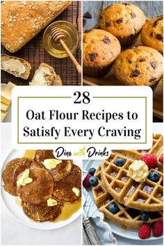 Collage of 4 oat flour recipes. Oat Flour Desserts Healthy, Oats Flour Recipes, Oat Flour Baking Recipes, Gluten Free Desserts Oat Flour, Gluten Free Quick Oats Recipes, How To Make Oat Flour From Oats, Oats Pancakes, Oat Flour Cookies