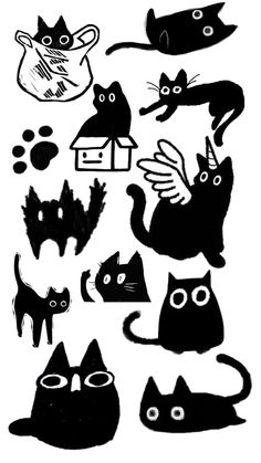 black and white drawing of cats with different shapes