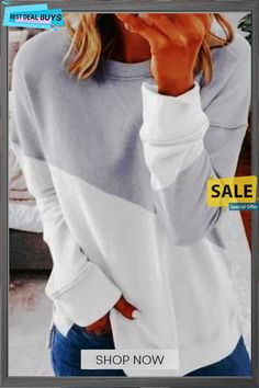 Patchwork Grey&white Sweatshirt Trendy White Crew Neck Sweater, Gray Long Sleeve Casual T-shirt, Trendy White Long Sleeve Sweater, White Stretch Winter Tops, White Long Sleeve Trendy Sweater, Color Block Cotton Tops For Fall, Fall Cotton Color Block Tops, White Stretch Crew Neck Sweatshirt, White Color Block Long Sleeve Sweater