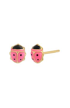 Bring a bit of whimsical charm to your ensemble with these handcrafted ladybug stud earrings made from glossy enamel and lustrous 14-karat gold. 1/8"W x 1/4"L Post back 14k gold/enamel Made in Italy Black Enamel Earrings For Gift, Fine Jewelry, Nickel-free Yellow Gold Enamel Jewelry, Nickel-free Yellow Gold Enamel Earrings, Yellow Gold Enamel Earrings As Gift, Playful Gold Enamel Earrings, Ladybug Earrings, L Post, Gold Heart Stud Earrings, Citrine Earrings Studs