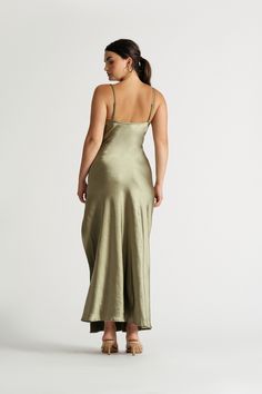 Our Moment Sage Cowl Neck Satin Slit Maxi Dress - $59 | Tobi US Long Satin Dress, Satin Dress Long, Satin Material, Say More, Satin Dress, Two Piece Outfit, Satin Dresses, Cowl Neck, Walk In