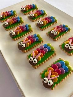 decorated cookies are arranged in the shape of caterpillars