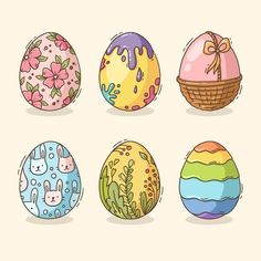 an image of easter eggs with different designs on the front and back, all decorated in pastel colors