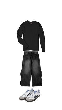 a black shirt, jeans and sneakers are arranged on a white background with the same outfit