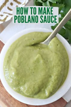 poblano sauce in small white bowl with spoon Salsa With Poblano Peppers, Roasted Poblano Sauce, Poblano Sauce Enchiladas, Roasted Poblano Cream Sauce, Pablano Pepper Salsa, Poblano Sauce Recipe, Pablano Pepper Sauce, Poblano Pepper Sauce, Pablano Pepper Recipe Easy