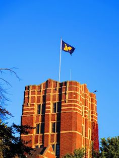 a tall brick building with a flag on top and trees in the foreground against a blue sky