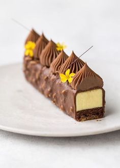 a piece of chocolate cake on a white plate with yellow flowers in the top half