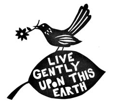 a black and white drawing of a bird sitting on top of a bag with the words live gently upon this earth