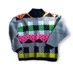 Oversized Retro Acrylic Sweater, Retro Multicolor Acrylic Sweater, Trendy Multicolor Sweater With Graphic Print, Multicolor Graphic Print Sweater For Winter, Winter Multicolor Graphic Print Sweater, Retro Graphic Print Sweater For Fall, Abstract Sweater, Neon Abstract, Girls Sweater