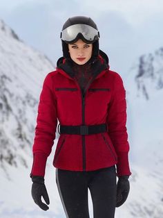 Ski Jacket Outfit, Ski Wear For Women, Red Ski Jacket, Ski Outfit For Women, Leather Helmet, Designer Ski Wear, Ski Outfits, Women Ski Jacket