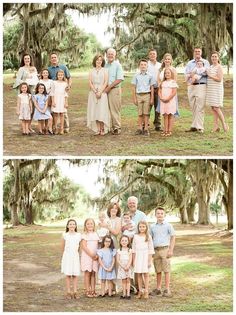 the family is posing for pictures in front of some live oak trees with moss on them