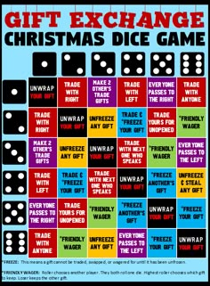 a christmas dice game poster with the words gift exchange and other items in red, yellow, blue, and green