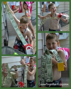 a collage of photos shows a young boy holding money tied to his neck and smiling at the camera